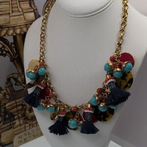 J. Crew Beautiful Chaos Gold, Red, Turquoise and Blue Bohemian Necklace